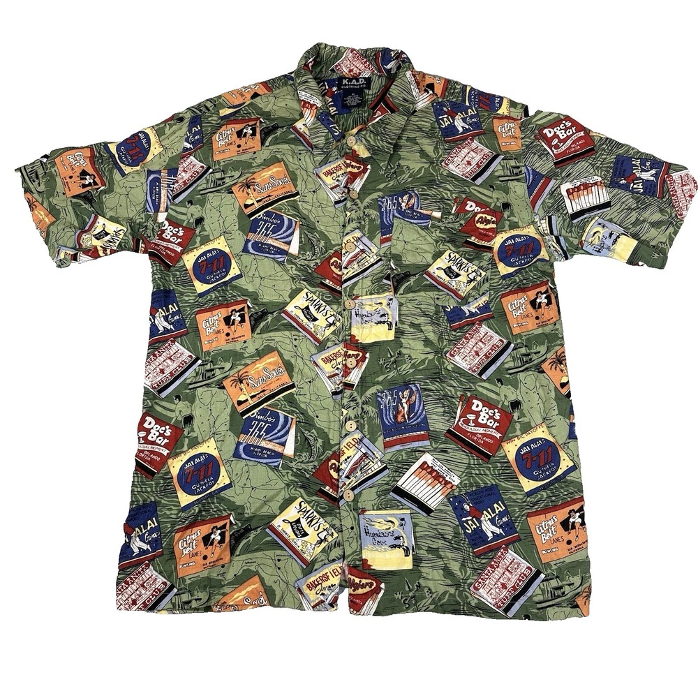 K.A.D Clothing Co Men's Button Up Shirt XL Green Multi Destination Retro Novelty